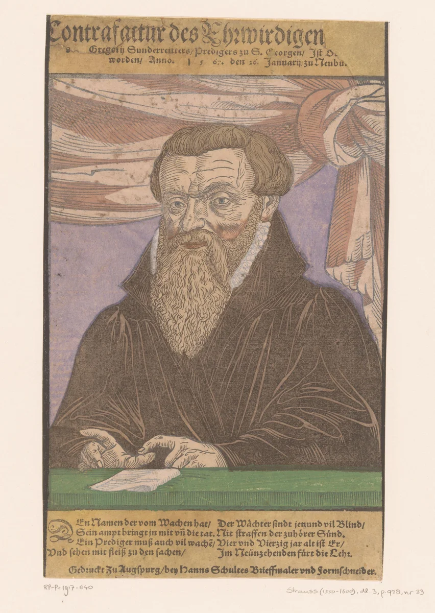 Portret van Gregor Sunderreitter by anonymous, print, 1585