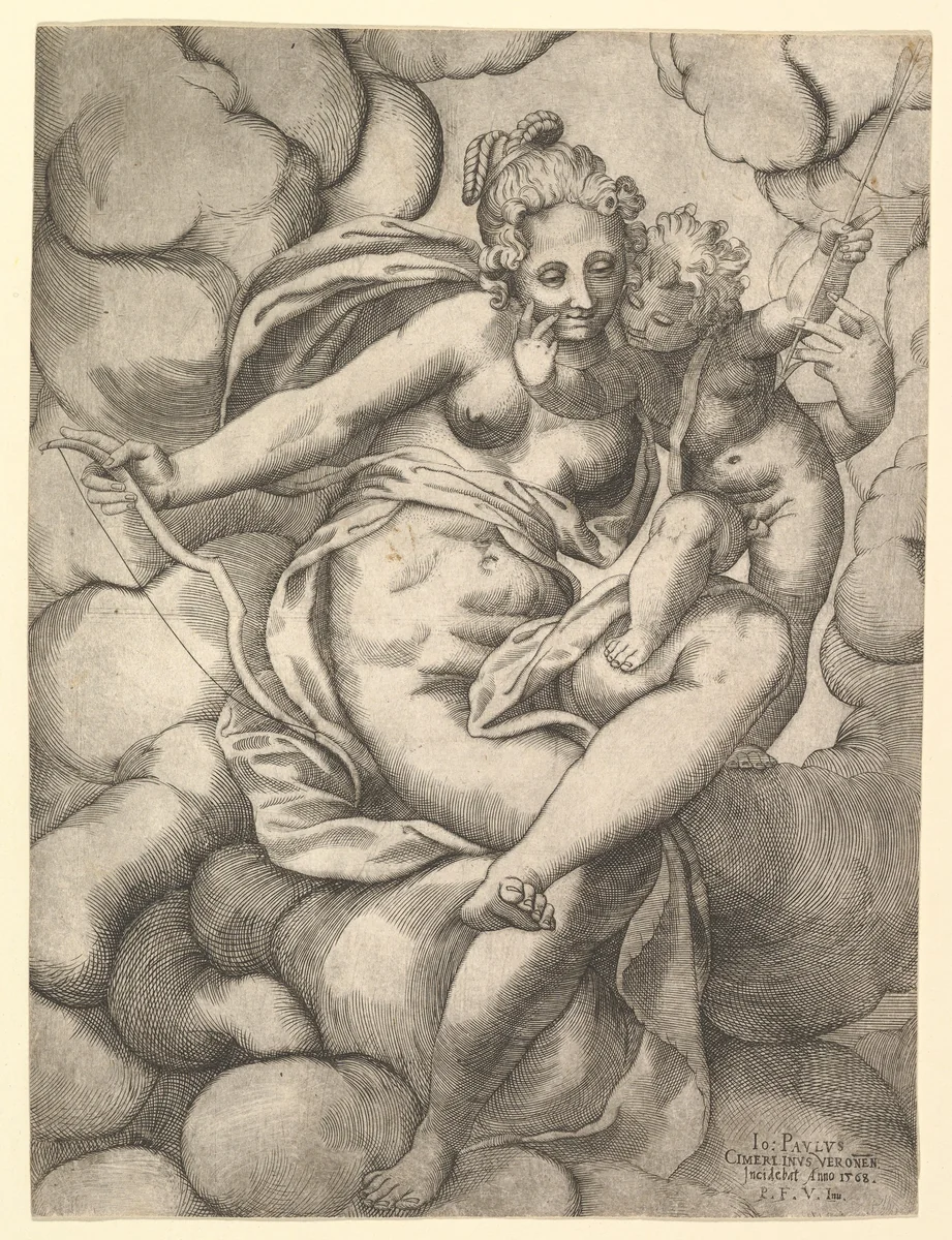 Venus and Cupid in the Clouds by Giovanni Paolo Cimerlino, print, 1568