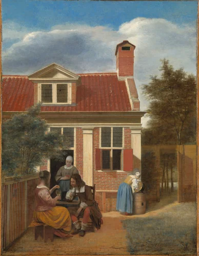 Figures in a Courtyard behind a House by Pieter de Hooch, painting, 1663-1665