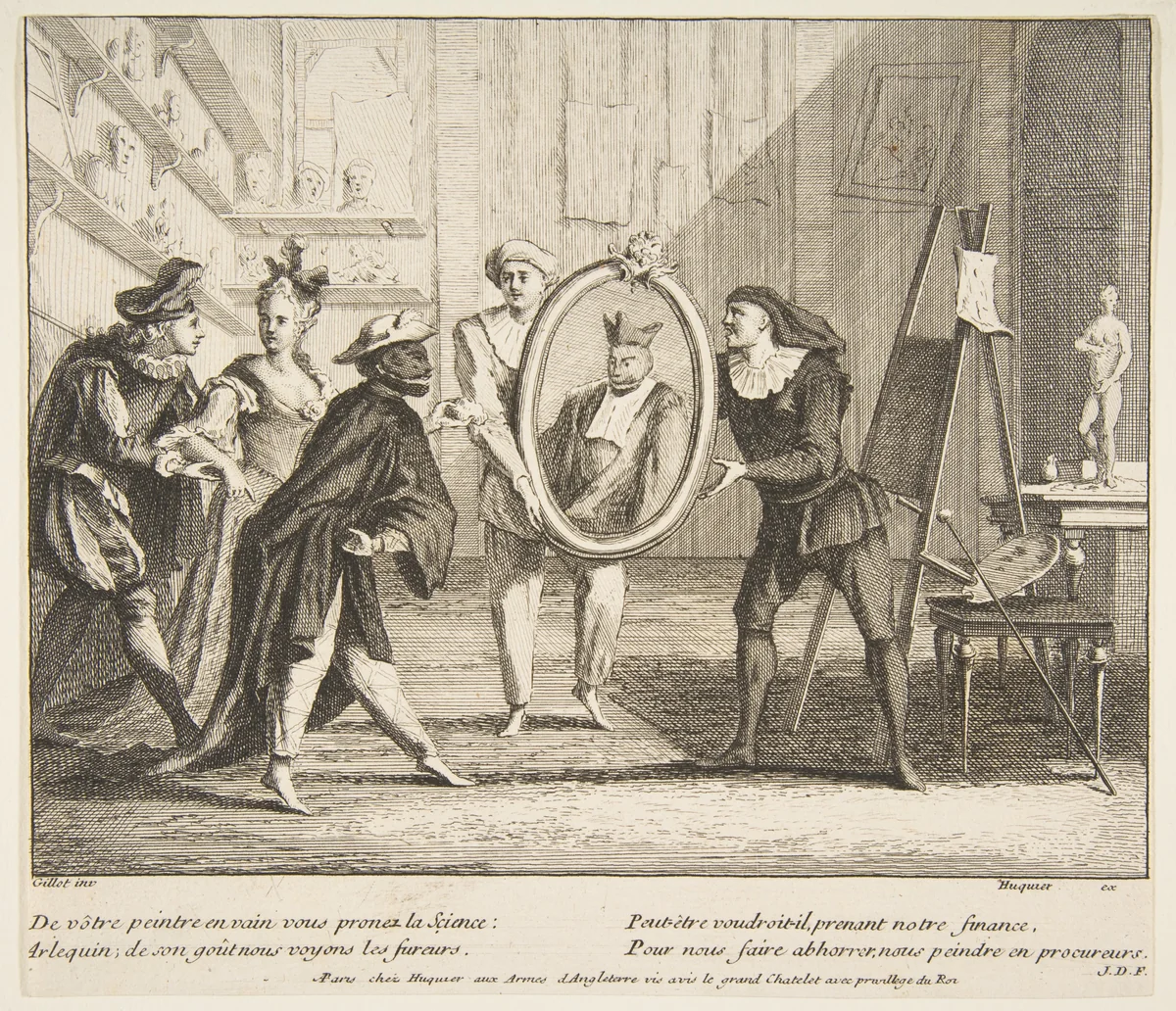 Pierrot and Scaramouche show the portrait of Harlequin by Claude Gillot, print, 1685-1722