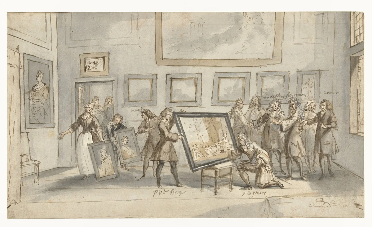 Prins Eugenius van Savoye bij de kunsthandelaar J.P. Zomer by Pieter van den Berge, drawing, 1701-1723