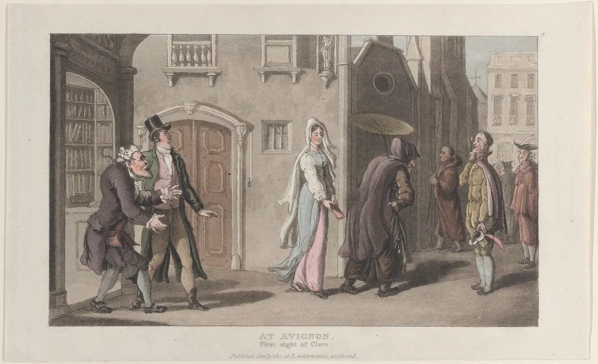 At Avignon, First Sight of Clara, from "Journal of Sentimental Travels in the Southern Provinces of France, Shortly Before the Revolution" by Thomas Rowlandson, print, 1817