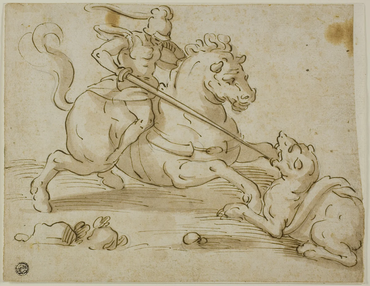 Saint George and the Dragon by Luca Cambiaso, drawing, 1565-1575