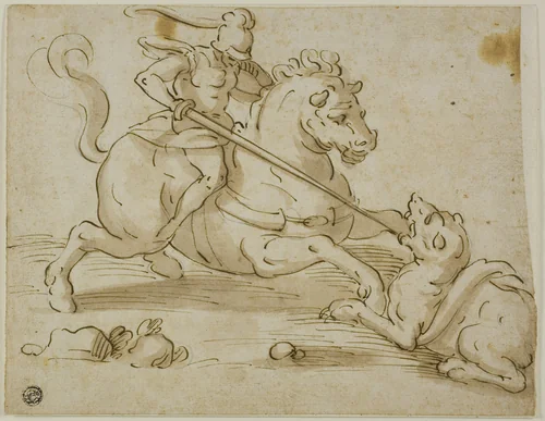 Saint George and the Dragon by Luca Cambiaso, drawing, 1565-1575