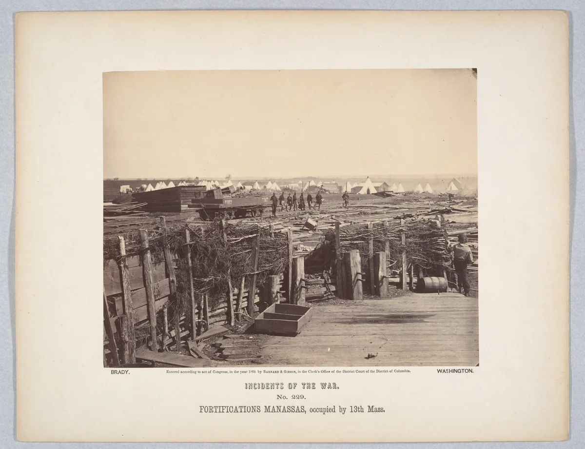 Fortifications, Manassas, Occupied by 13th Mass. by Mathew Brady, photograph, 1862