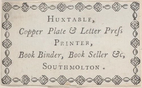 Trade Card for Huxtable, Printer, Book Binder, and Bookseller by anonymous, print, 1795-1805
