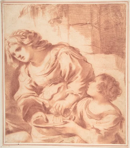 Woman Soaking a Cloth in a Bowl Held by a Girl (copy from Guercino's Saint Sebastian Tended by Irene) by Guercino, drawing, 1591-1666