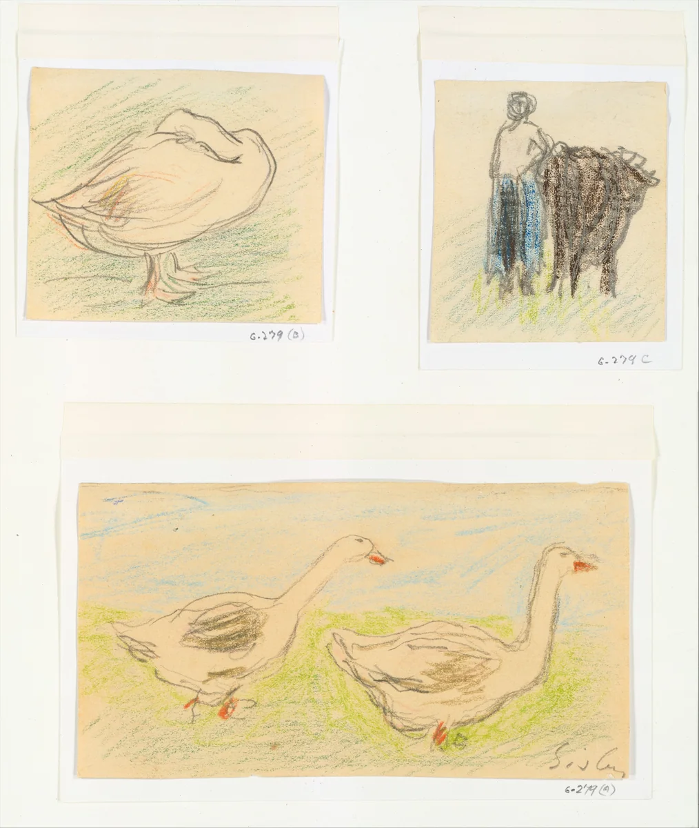 Three Sketches-Two Geese Walking; Peasant Woman with a Cow; Goose Hiding its Head by Alfred Sisley, drawing, 1895-1897