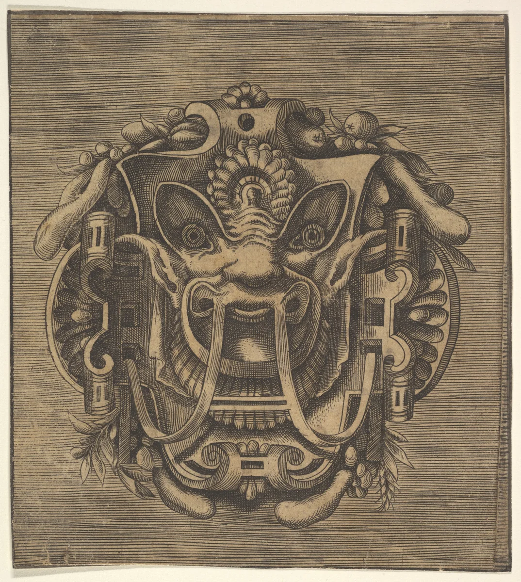 Fantastical Mask with Strapwork by anonymous, print, 1500-1600