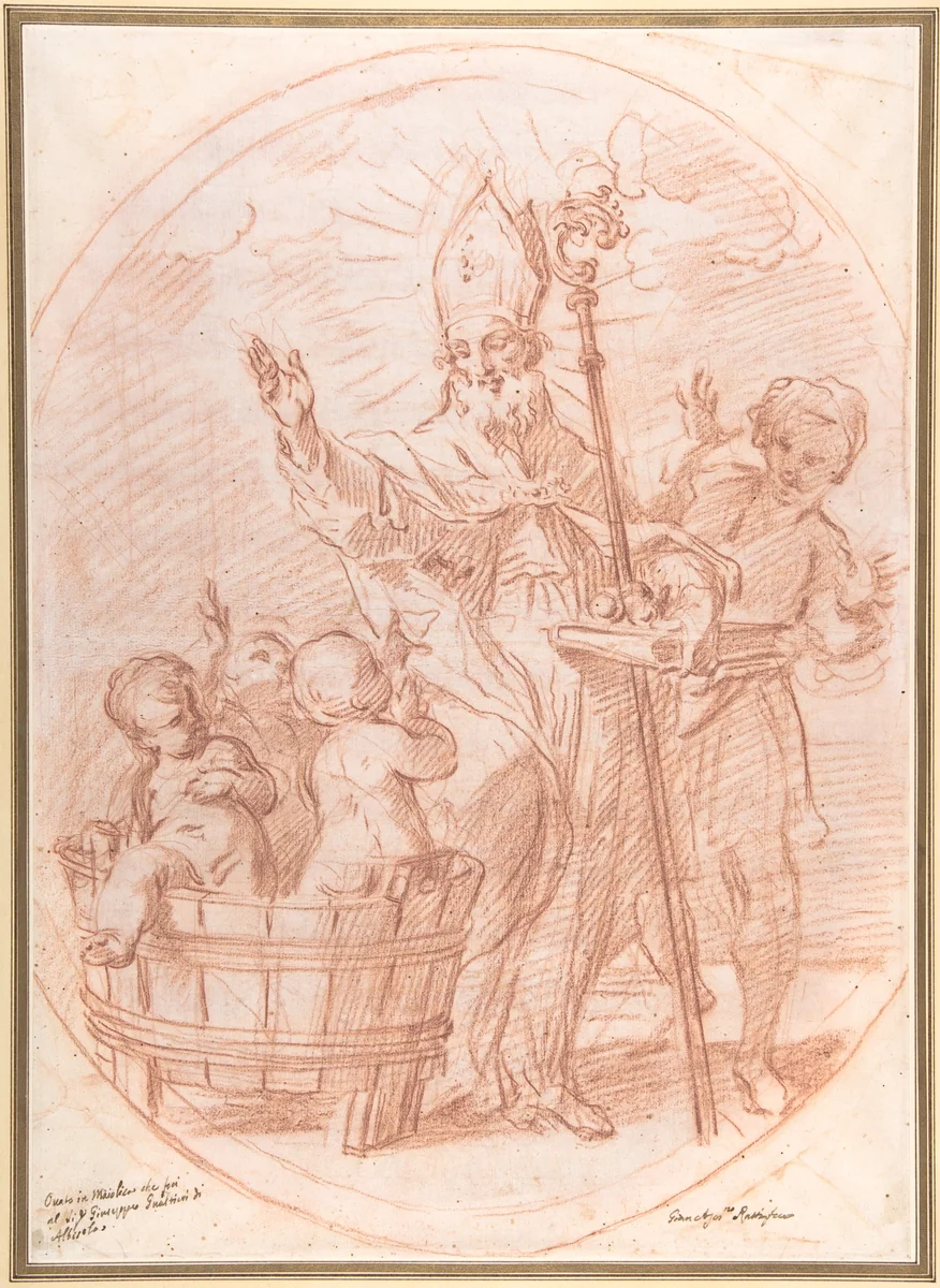 Saint Nicholas of Bari Resuscitating Three Children Discovered in a Tub of Brine by Giovanni Agostino Ratti, drawing, 1699-1795