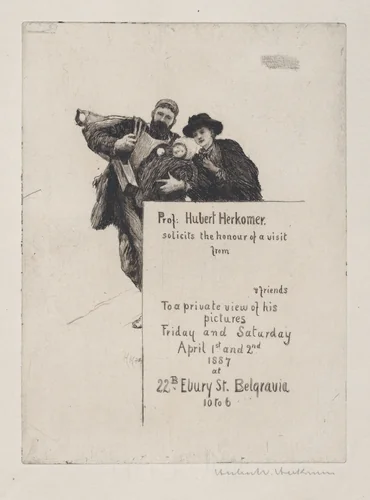 Invitation with vignette from "The First Born" (with text) by Hubert von Herkomer, print, 1887