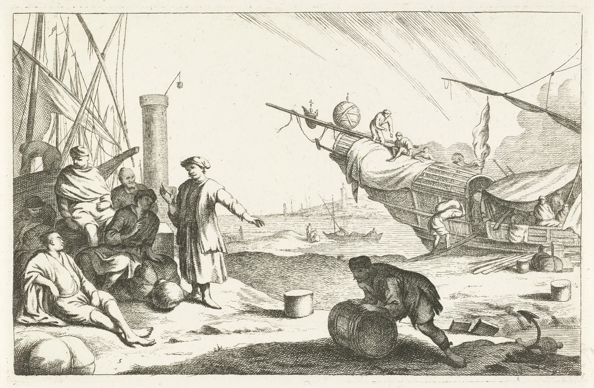Haven met kooplieden en zeilschepen by Johannes Gronsveld, print, 1679-1728