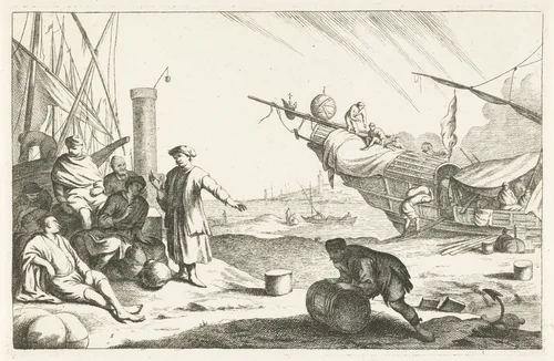 Haven met kooplieden en zeilschepen by Johannes Gronsveld, print, 1679-1728