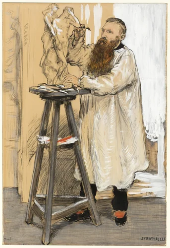 Portrait of the Sculptor Auguste Rodin in his Studio by Jean-François Raffaëlli, drawing, 1884-1894