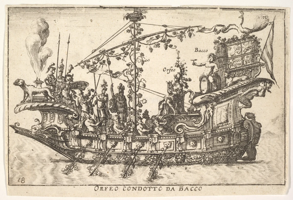 Plate 18: Orpheus led by Bacchus (Orfeo condotto da Bacco), from "The magnificent pageant on the river Arno in Florence for the marriage of the Grand Duke" (Le Magnifique carousel fait sur le fleuve de l'Arne a Florence, pour le mariage du Grand Duc) by anonymous, print, 1664