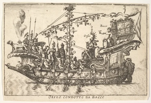 Plate 18: Orpheus led by Bacchus (Orfeo condotto da Bacco), from "The magnificent pageant on the river Arno in Florence for the marriage of the Grand Duke" (Le Magnifique carousel fait sur le fleuve de l'Arne a Florence, pour le mariage du Grand Duc) by anonymous, print, 1664