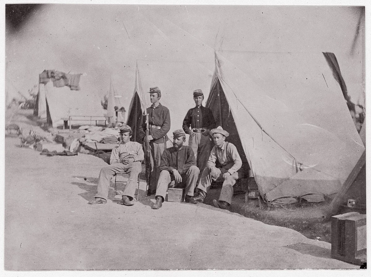 [Private James P. Bonnet and Unidentified Members of the 22nd New York State Militia in their Tent Camp, Near Harper's Ferry, Virginia] by Mathew Brady, photograph, 1862