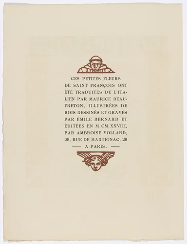 Headpiece and tailpiece (colophon, page 4) from Les Petites Fleurs de St. François (The Little Flowers of St. Francis) by Émile Bernard, illustrated book, 1928
