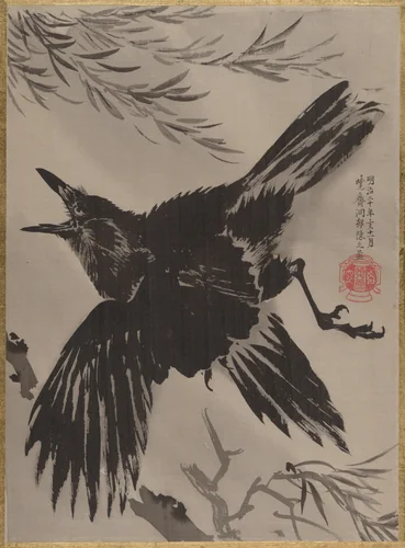 Crow and Willow Tree by Kawanabe Kyōsai (河鍋暁斎), painting, 1887