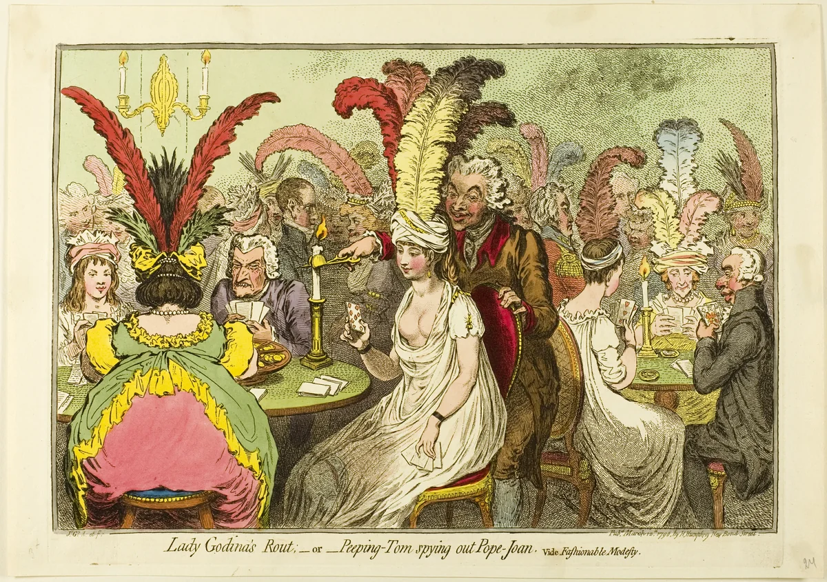 Lady Godina's Rout; —or—Peeping Tom Spying Out Pope Joan by James Gillray, print, 1796