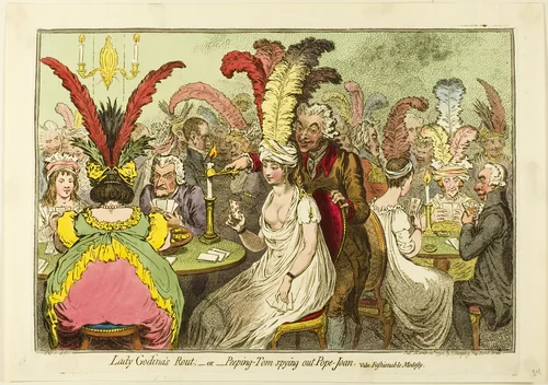 Lady Godina's Rout; —or—Peeping Tom Spying Out Pope Joan by James Gillray, print, 1796