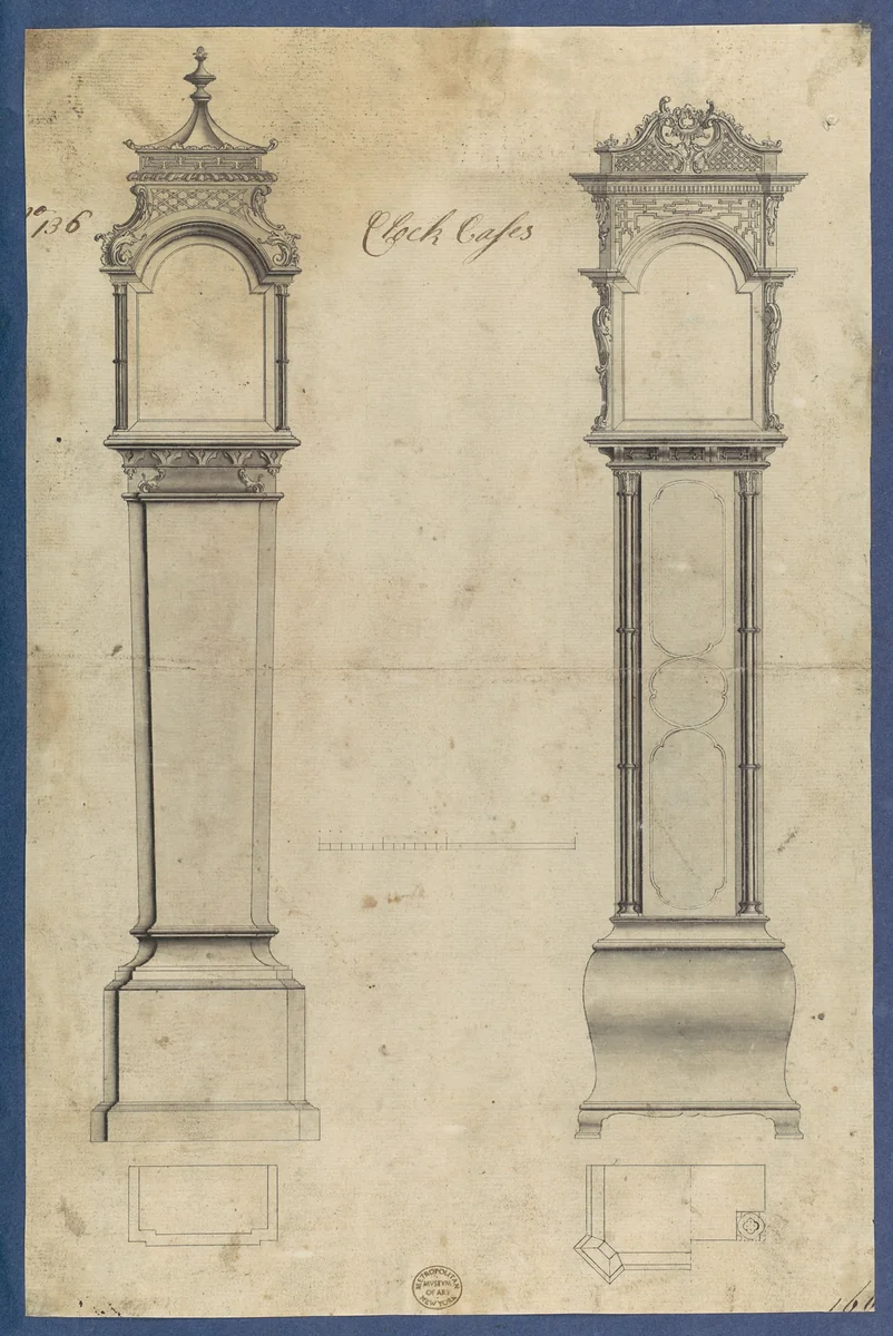 Clock Cases, in Chippendale Drawings, Vol. I by Thomas Chippendale, drawing, 1754