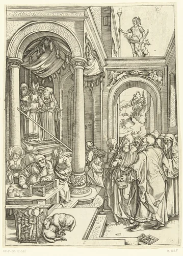 Presentatie van Maria in de tempel by Marcantonio Raimondi, print, 1510-1515