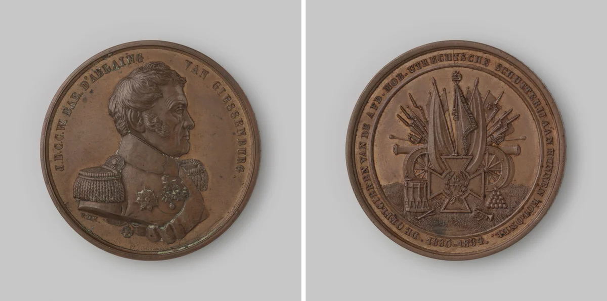 Gedenkpenning, aangeboden door de officieren van de mobiele schutterij te Utrecht aan hun kolonel J.D.C.C. baron d'Ablaing van Giessenburg by David van der Kellen, metalwork, 1834
