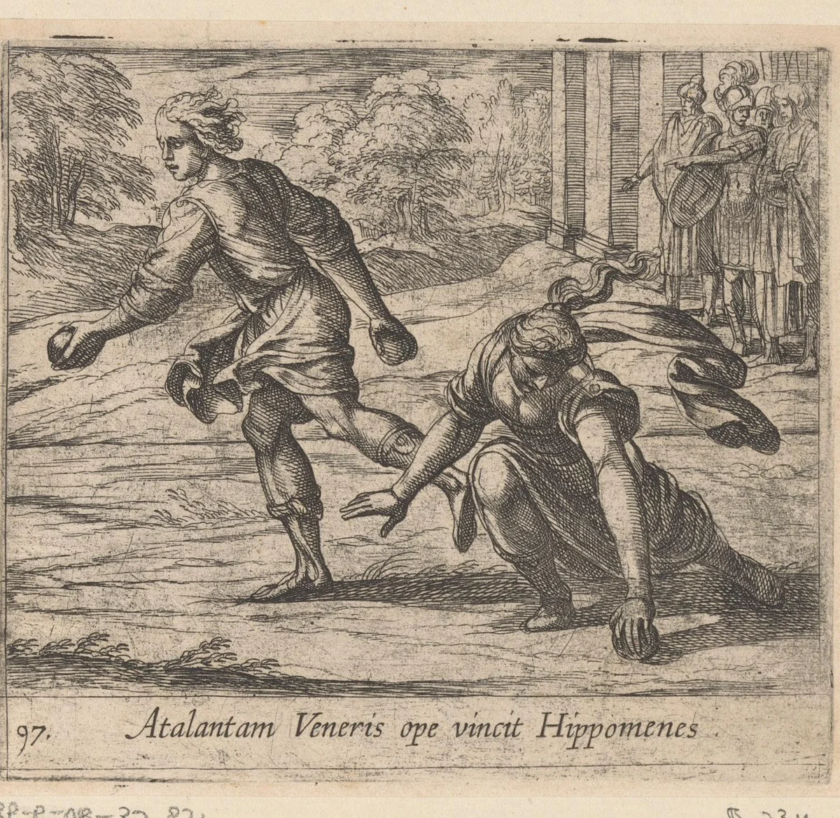 Hippomenes wint de hardloopwedstrijd tegen Atalanta by Antonio Tempesta, print, 1606
