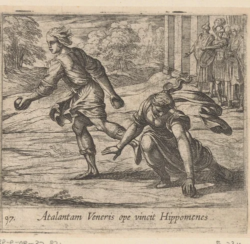 Hippomenes wint de hardloopwedstrijd tegen Atalanta by Antonio Tempesta, print, 1606