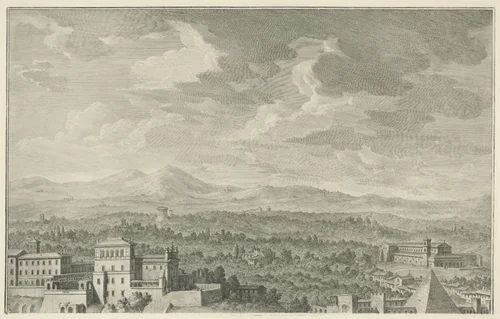 Gezicht op de Tiber en Aventijn heuvel te Rome by Giuseppe Vasi, print, 1771