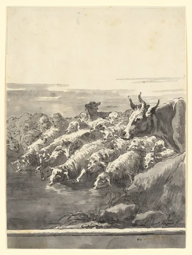 A Flock of Sheep Drinking at a Pool, with a Bullock and a Dog by Giovanni Domenico Tiepolo, drawing, 1763-1804