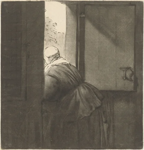 Vrouw leunend over een onderdeur by Cornelis Ploos van Amstel, print, 1761