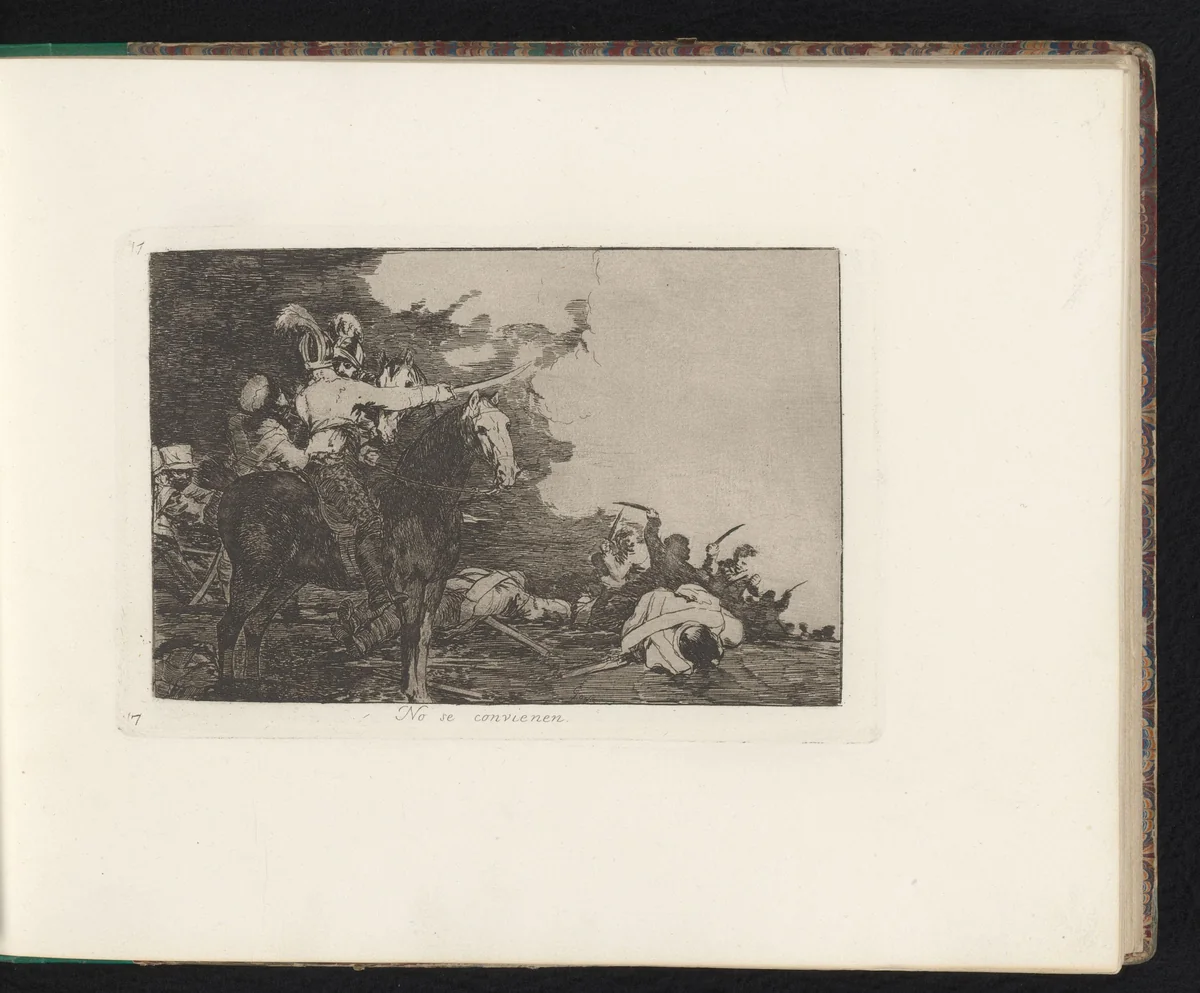 Legerofficieren te paard overleggen op het slagveld by Francisco de Goya, book, 1810-1820