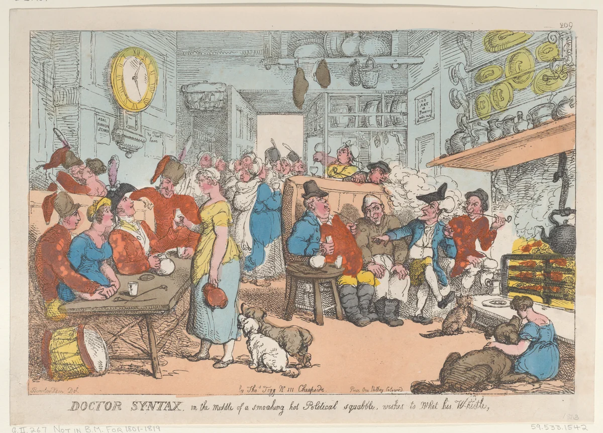 Doctor Syntax, in the Middle of a Smoking Hot Political Squabble, Wishes to Whet his Whistle by Thomas Rowlandson, print, 1813
