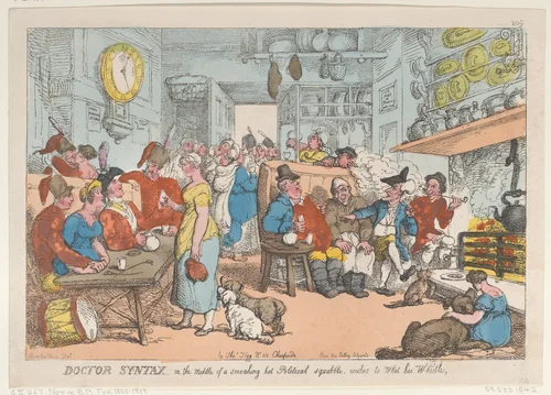 Doctor Syntax, in the Middle of a Smoking Hot Political Squabble, Wishes to Whet his Whistle by Thomas Rowlandson, print, 1813
