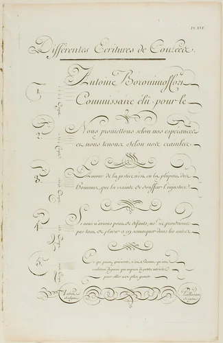 Various Joined Calligraphy, from Encyclopédie by Aubin Charles Paillasson André le Breton Michel-Antoine David Laurent Durand Antoine-Claude Briasson, print, 1760