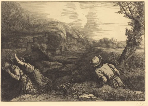 Fire in the Hamlet (L'incendie du hameau) by Alphonse Legros, print, 1837-1911