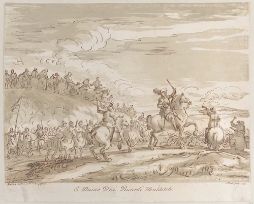 Cavalry advancing to the charge, with a central figure on horseback raising a sword by Arthur Pond, print, 1735