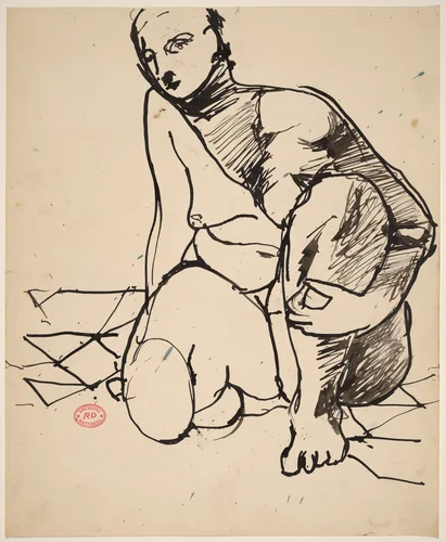 Untitled [crouching nude holding her left leg] by Richard Diebenkorn, drawing, 1955-1967