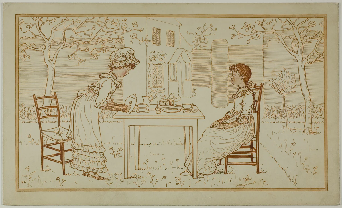 Tea Party for Two Outside by Kate Greenaway, drawing, 1866-1901