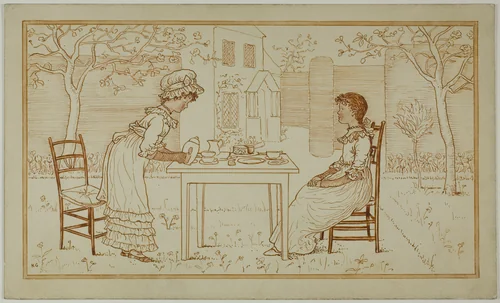 Tea Party for Two Outside by Kate Greenaway, drawing, 1866-1901