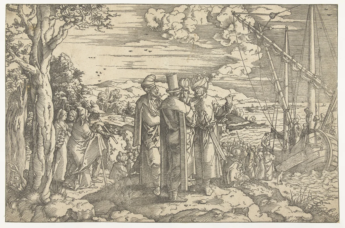 Christus predikt vanuit het schip by Unknown, print, 1522-1525