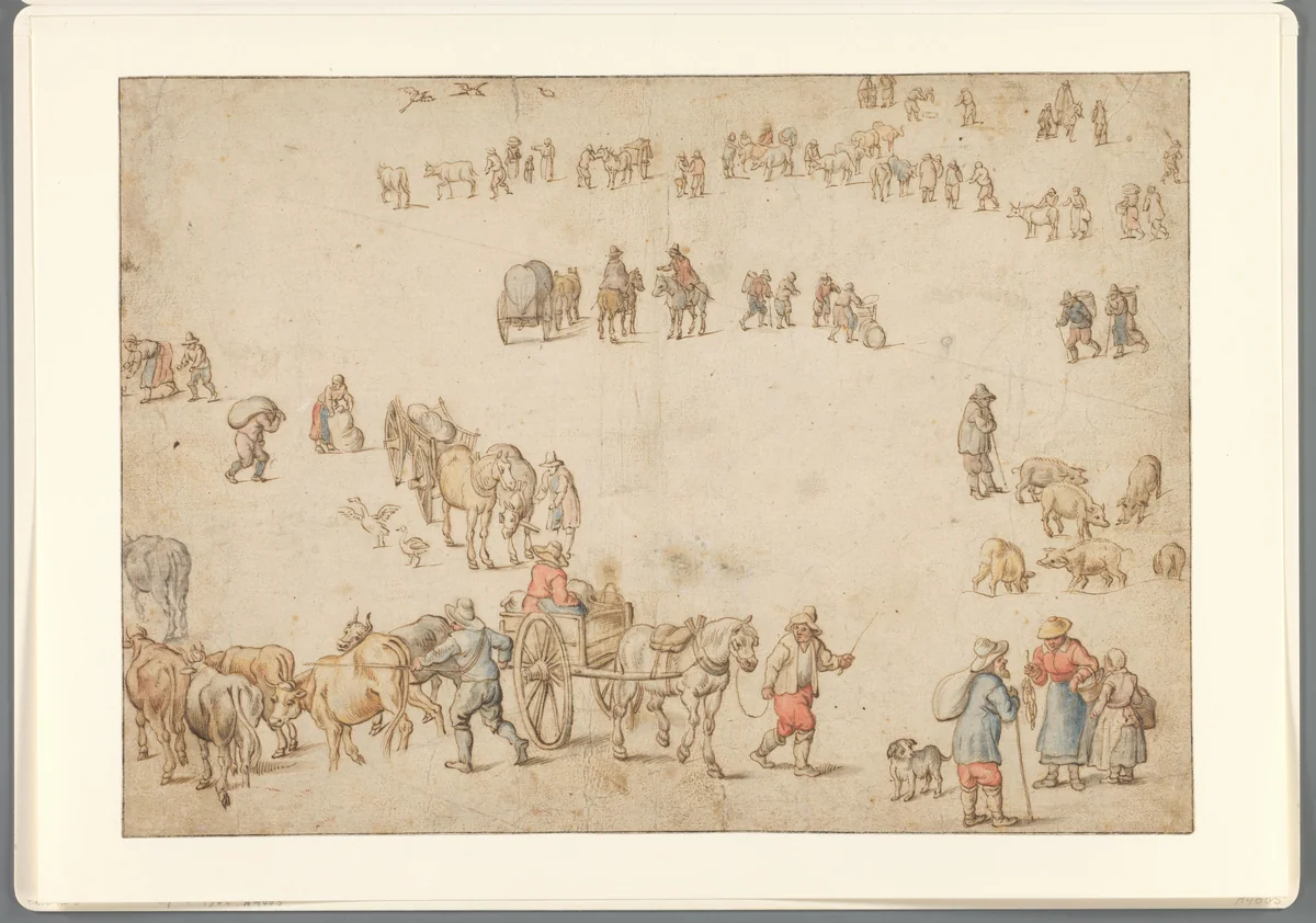 Studieblad met boerenwagens, vee, landlieden en ruiters by anonymous, drawing, 1600-1700