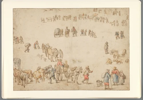 Studieblad met boerenwagens, vee, landlieden en ruiters by anonymous, drawing, 1600-1700