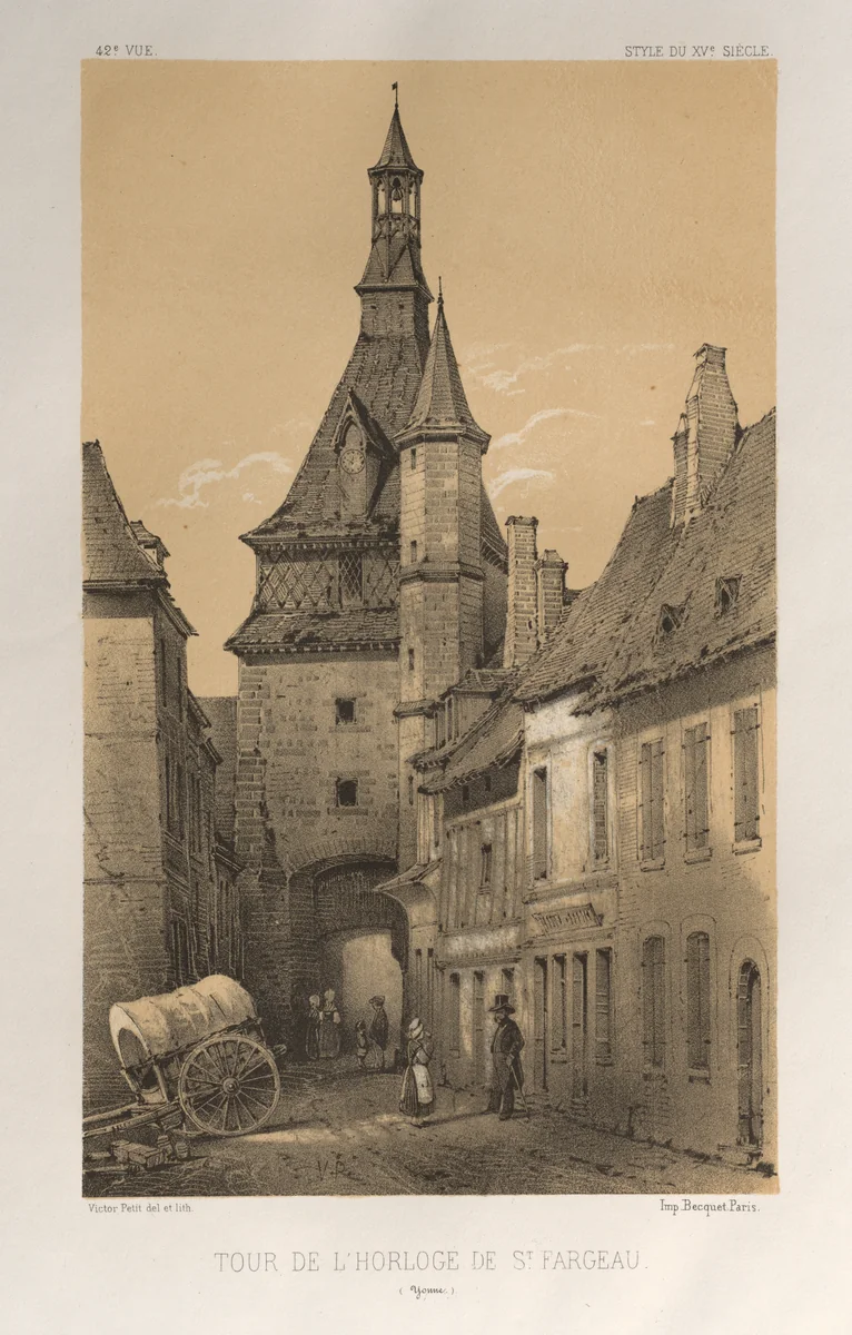 Architecture Pittoresque ou Monuments des xveme. Et xvieme. Siecles: Chateaux De France des XV et XVI Siecles: Pl. 42, Tour De L'Horloge De St. Fargeau (Yonne) by Victor Petit, print, 1860