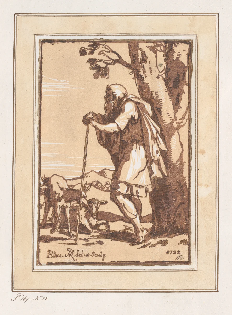 Elderly Shepherd Leaning on a Staff by Anton Maria Zanetti, print, 1722