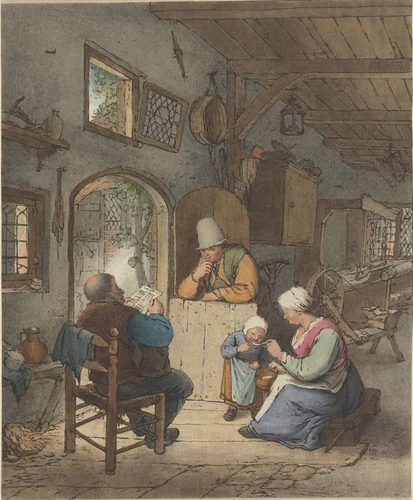 Krantlezer in interieur by Cornelis Ploos van Amstel, print, 1766