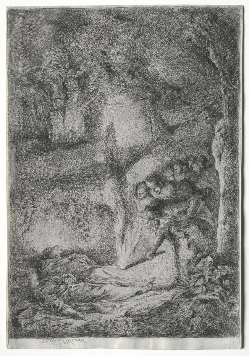 The Discovery of the Bodies of Saints Peter and Paul by Giovanni Benedetto Castiglione, print, 1645-1655