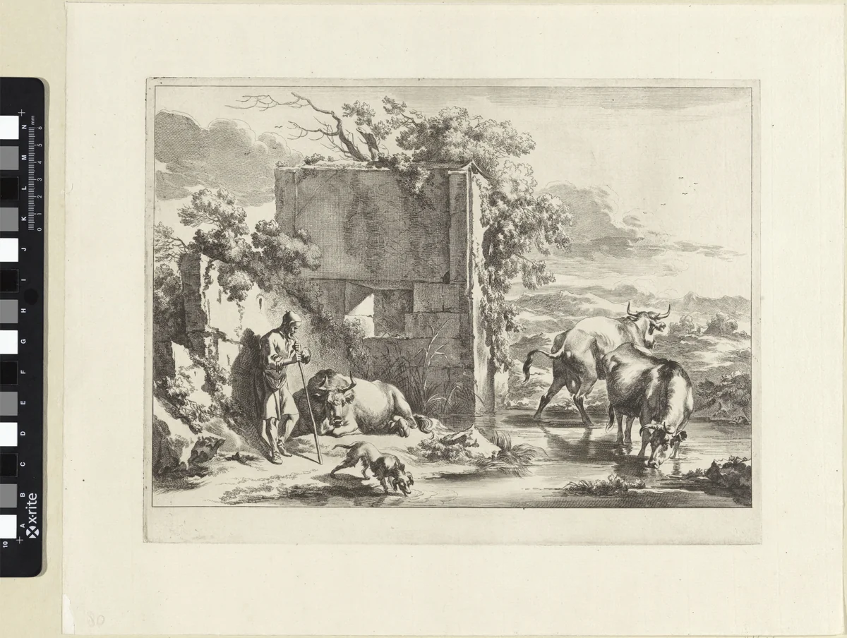 Oude herder leunend op zijn staf by Jan de Visscher, print, 1643-1692